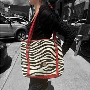 Valentina Italia Zebra Print Calf Fur w/Red Leather Straps Tote Bag Purse